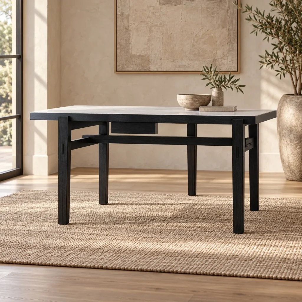 Black Wood Desk with Pale Top and Cross-Braced Legs, 160 or in black — front view