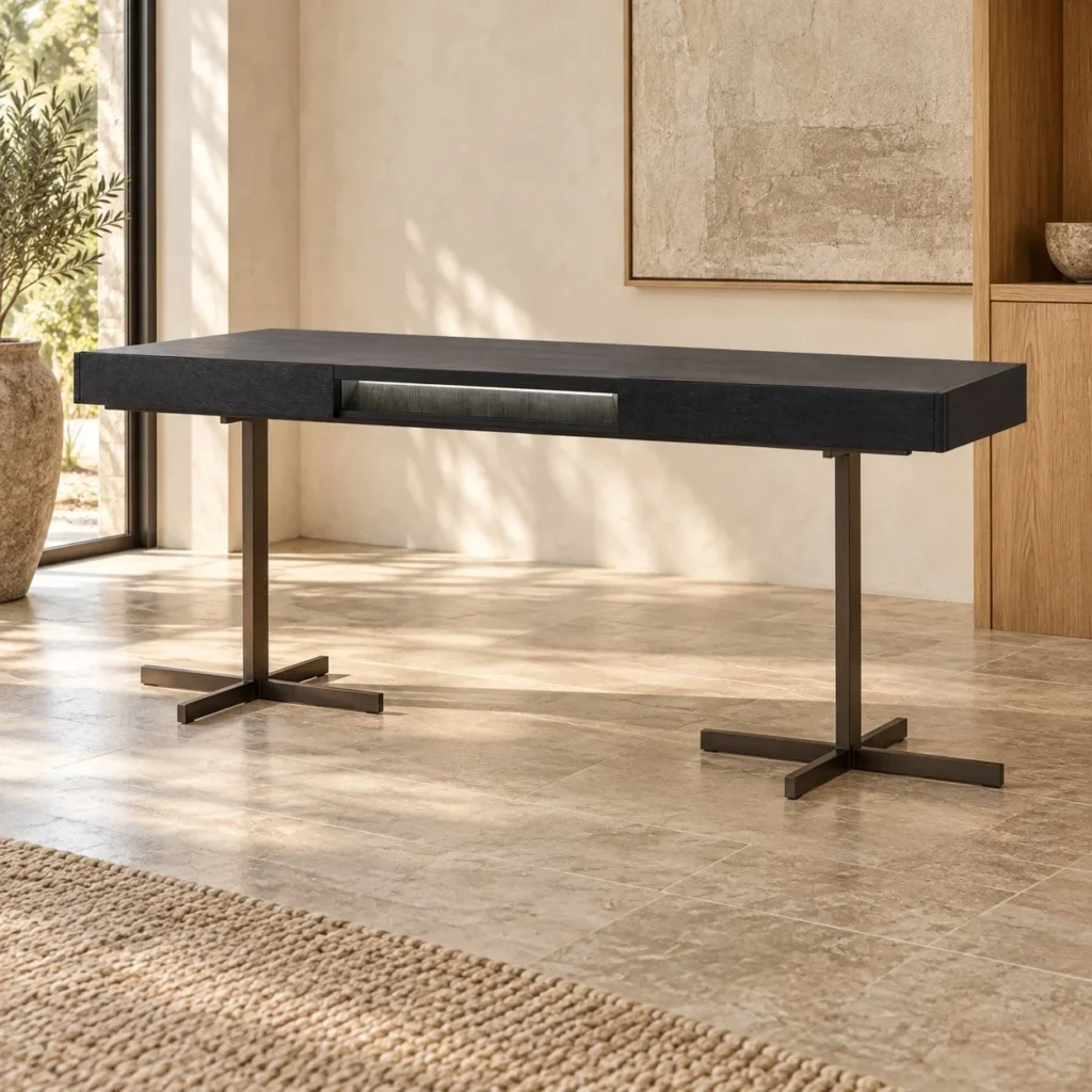 Black Lacquered Writing Desk on Cross-Foot Metal Base in black — front view