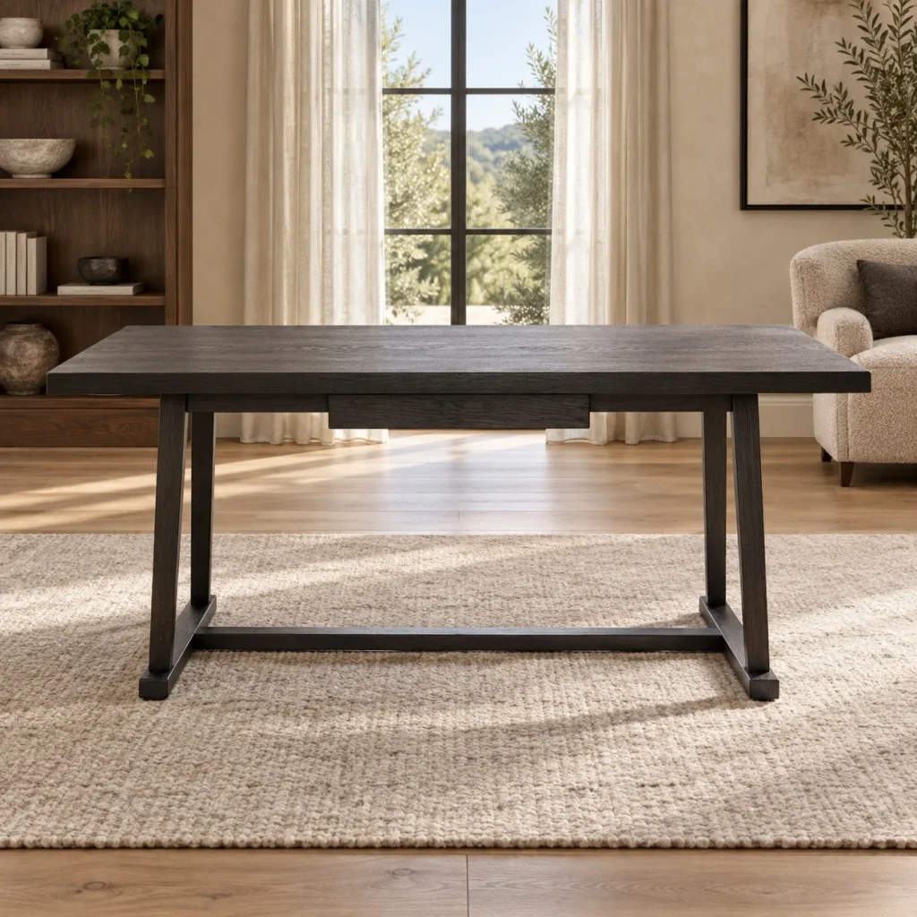 Dark Veneer Trestle Desk with Drawer, 140 to 180 cm in black — front view