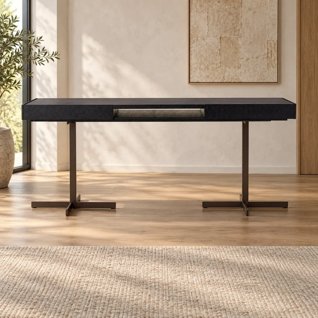 Black Veneer Desk with Drawer on T-Shaped Metal Legs in black — front view
