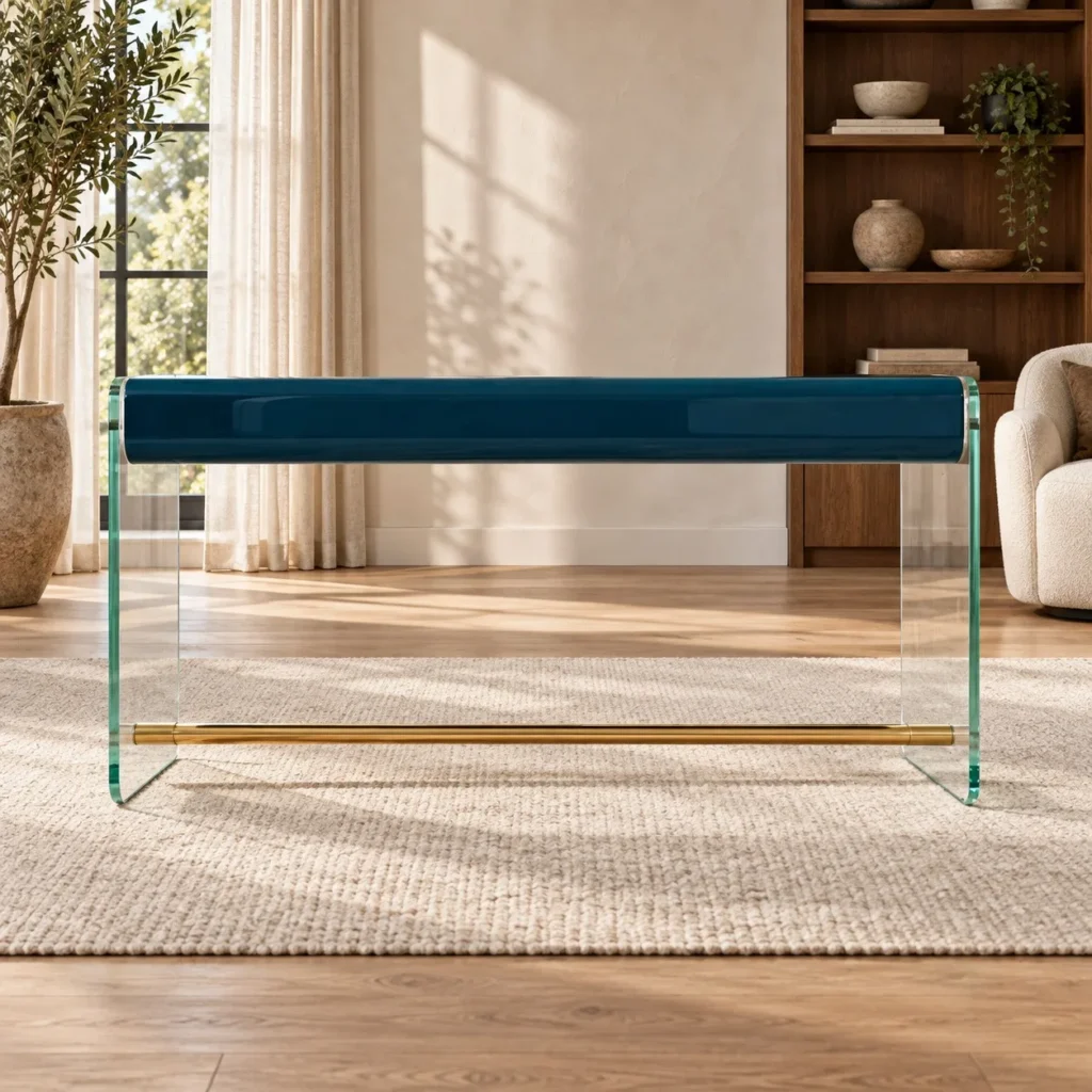 Teal Lacquered Desk with Clear Glass Waterfall Legs in blue — front view
