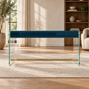 Teal Lacquered Desk with Clear Glass Waterfall Legs in blue — front view