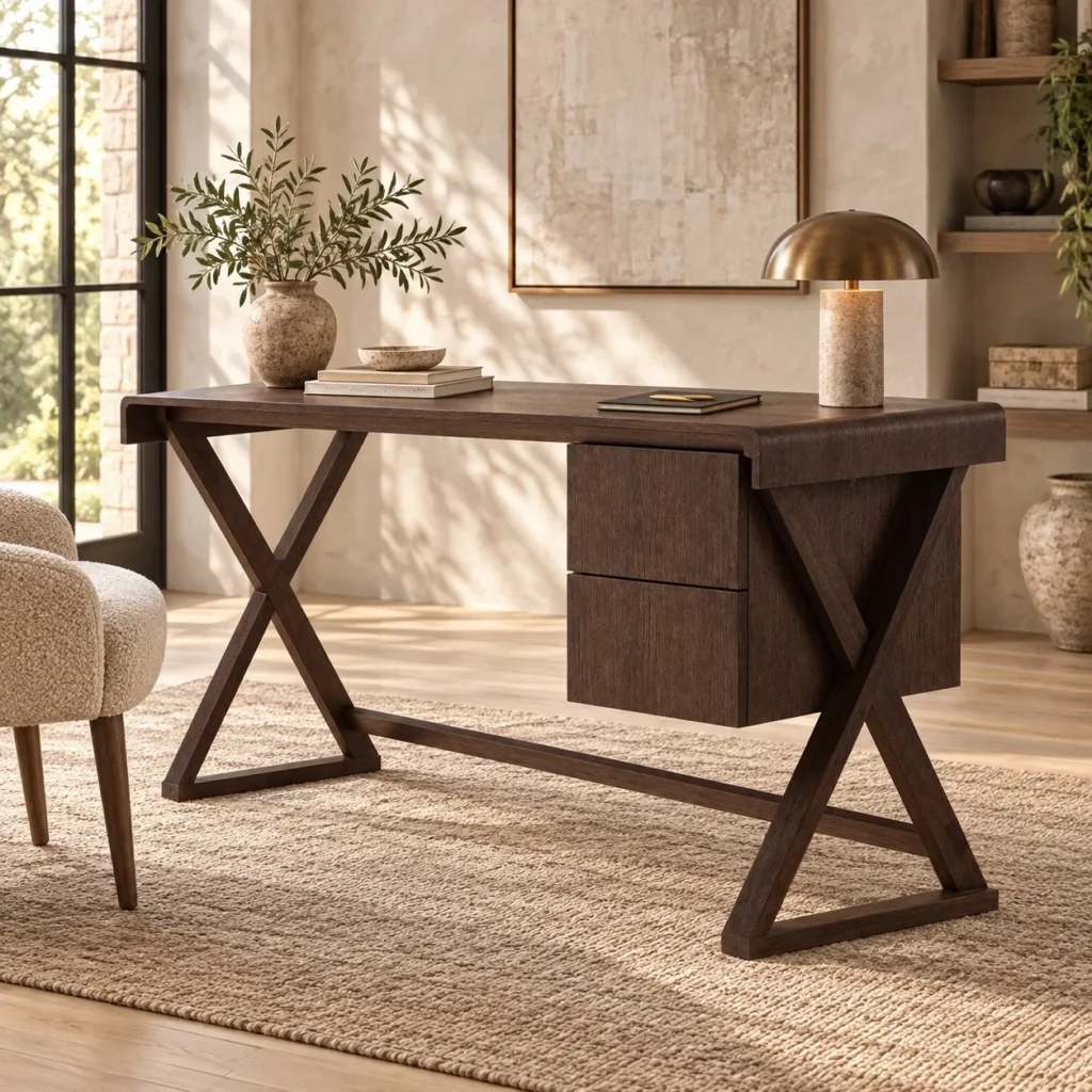 Dark Veneer Desk with X-Frame Legs and Drawer Unit, 140 or in clay — front view