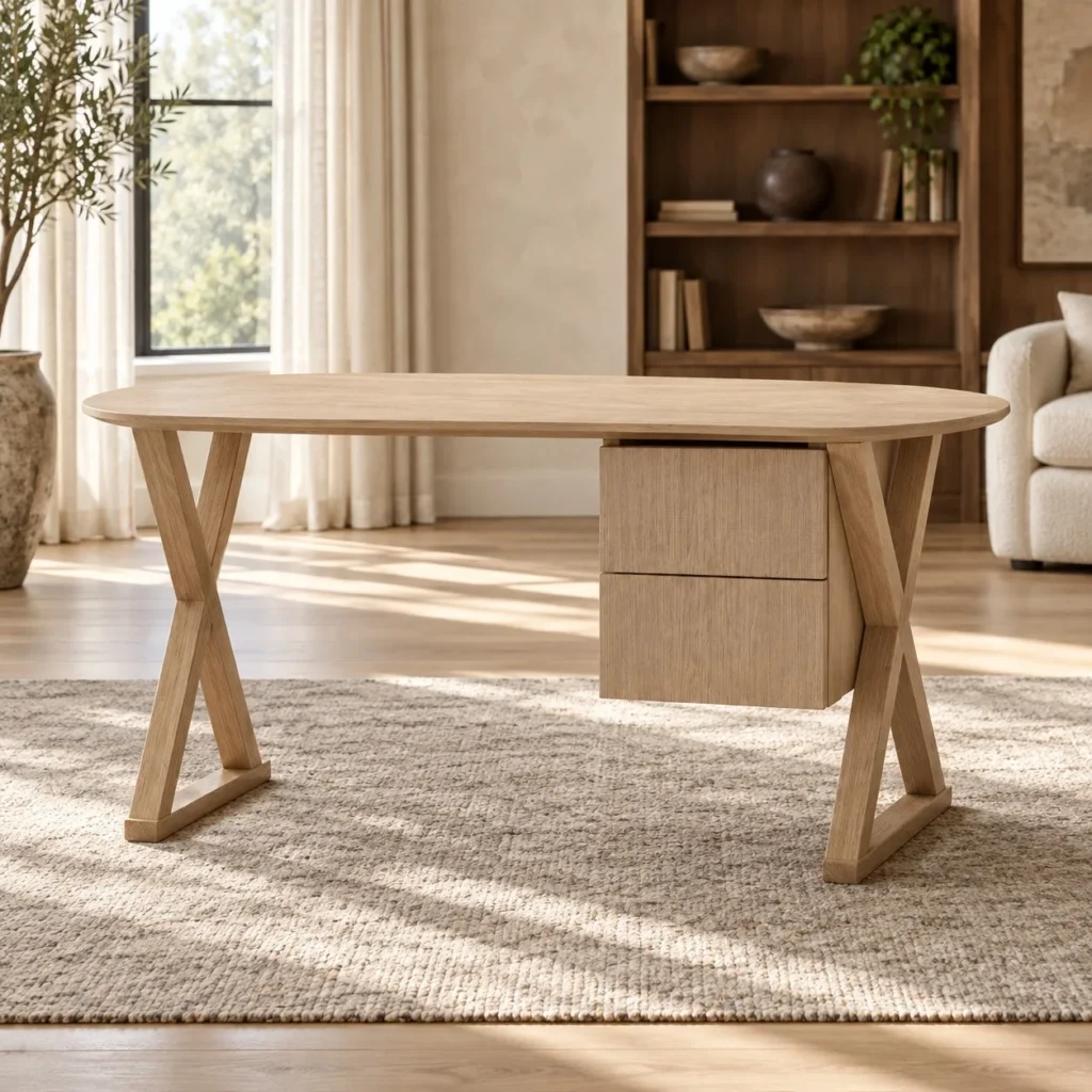 Light Oak Oval Desk with X-Frame Legs and Hanging Drawers in natural oak — front view