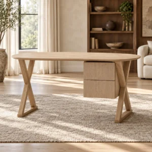 Light Oak Oval Desk with X-Frame Legs and Hanging Drawers in natural oak — front view
