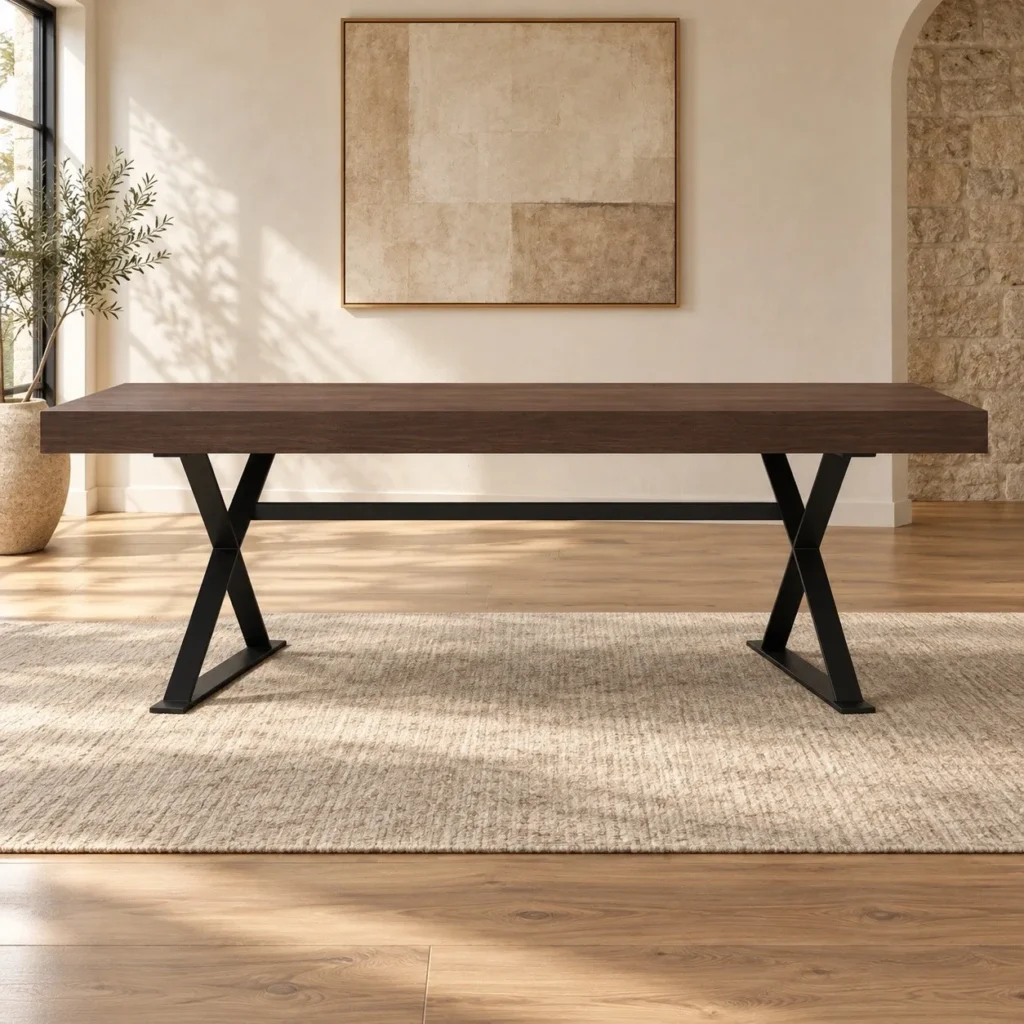 Walnut Veneer Desk on Black Metal X-Legs, 140 or 160 cm in walnut — front view