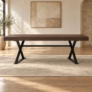 Walnut Veneer Desk on Black Metal X-Legs, 140 or 160 cm in walnut — front view