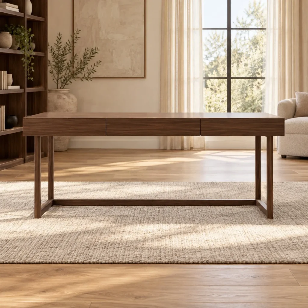 Walnut Veneer Desk with Drawer and Sled Frame Legs, 140 to in walnut — front view