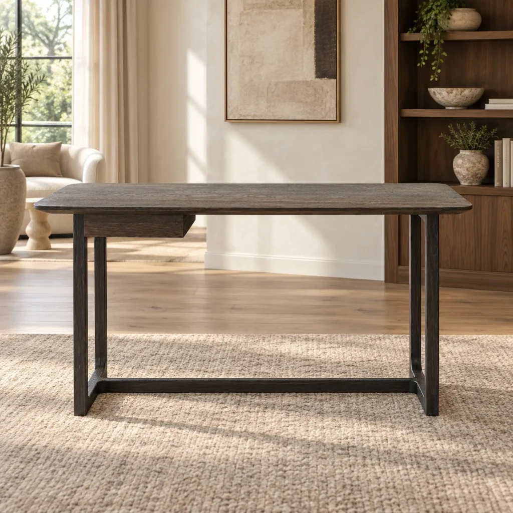 Grey Veneer Desk with Rounded Top on Black Sled Base, 120 in slate — front view