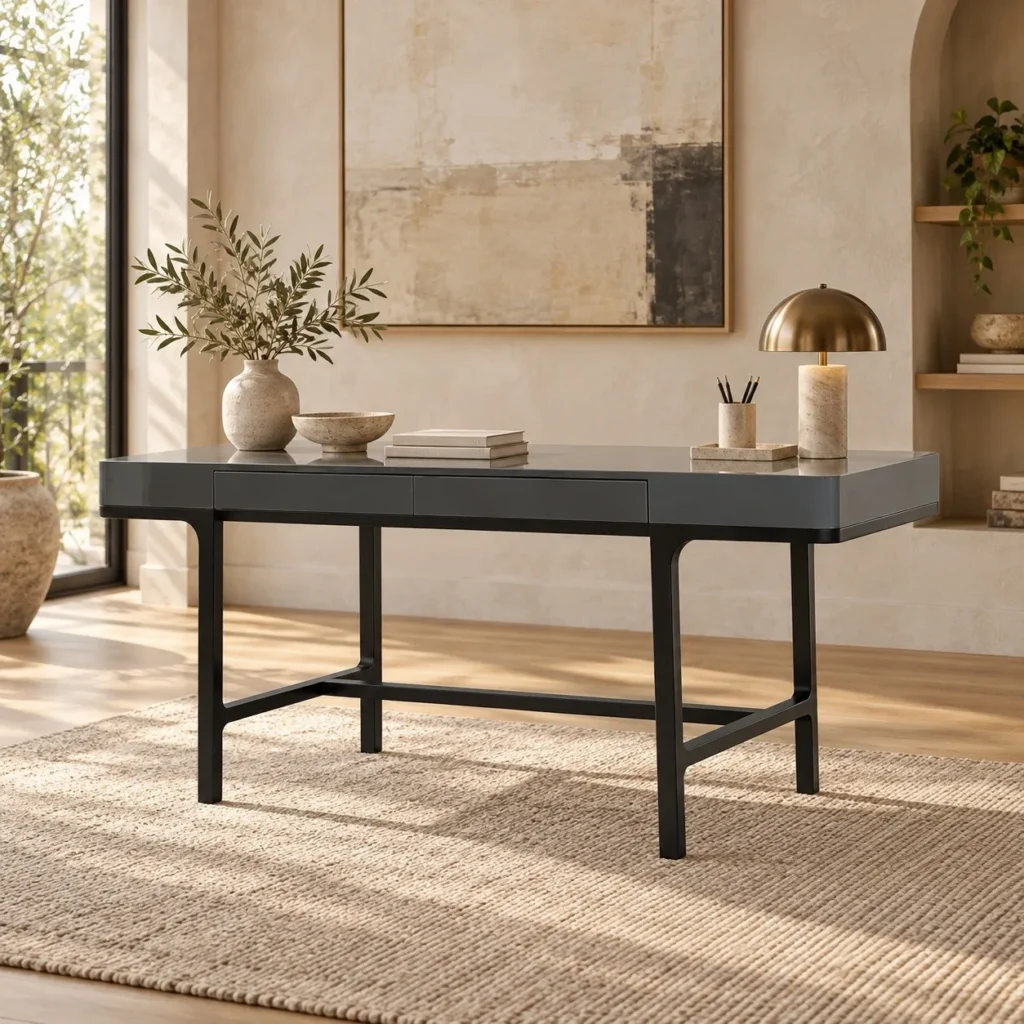 Black Veneer Desk with Two Drawers on Trestle Base, 140 to in black — front view