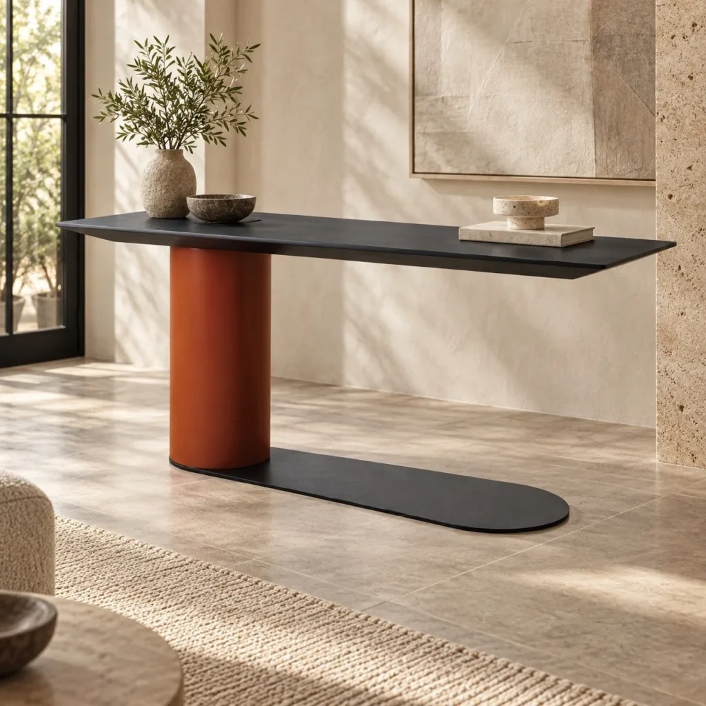 Cantilevered Black Desk with Terracotta Column Leg, 160 cm in black — front view