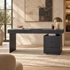 Black Wood Executive Desk with Slab Leg and Drawer Pedestal in black — front view