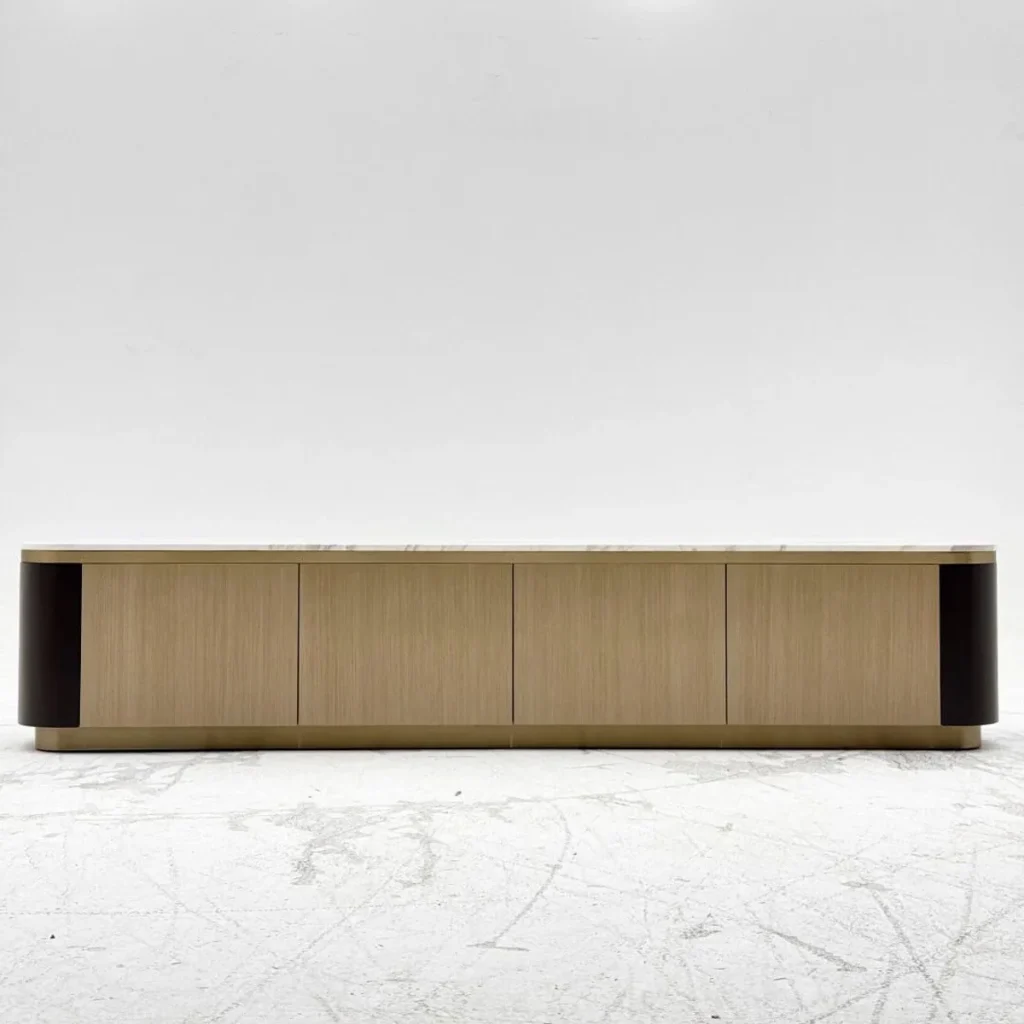 Fluted Veneer TV Cabinet with Marble Top and Dark Metal Ends — front view