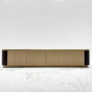 Fluted Veneer TV Cabinet with Marble Top and Dark Metal Ends — front view