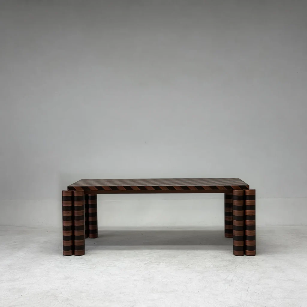 Diagonal Marquetry Walnut Dining Table in walnut — front view