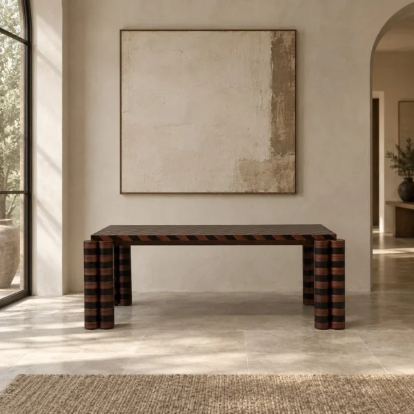 Diagonal Marquetry Walnut Dining Table in walnut — in a room setting