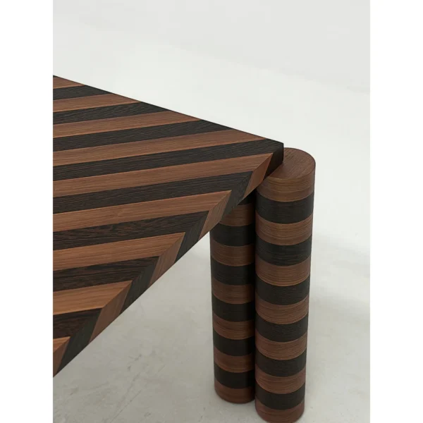 Diagonal Marquetry Walnut Dining Table in walnut — in a room setting