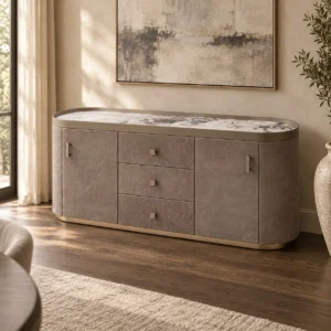 Diamond-Quilted Velvet Curved Sideboard with Stone Top in slate — in a room setting