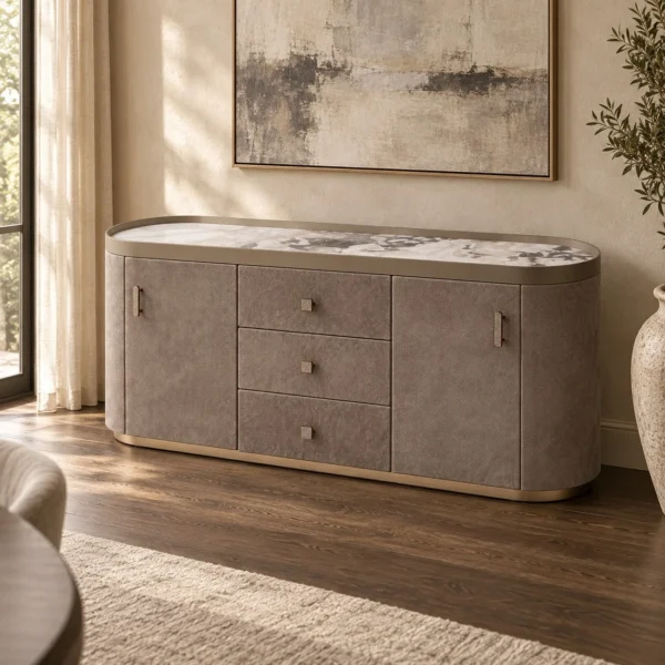 Diamond-Quilted Velvet Curved Sideboard with Stone Top in slate — in a room setting