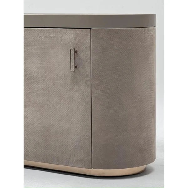 Diamond-Quilted Velvet Curved Sideboard with Stone Top in slate — in a room setting