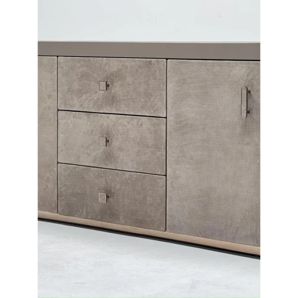 Diamond-Quilted Velvet Curved Sideboard with Stone Top in slate — in a room setting