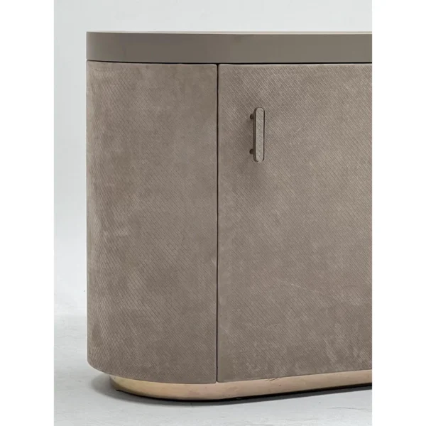 Diamond-Quilted Velvet Curved Sideboard with Stone Top in slate — in a room setting