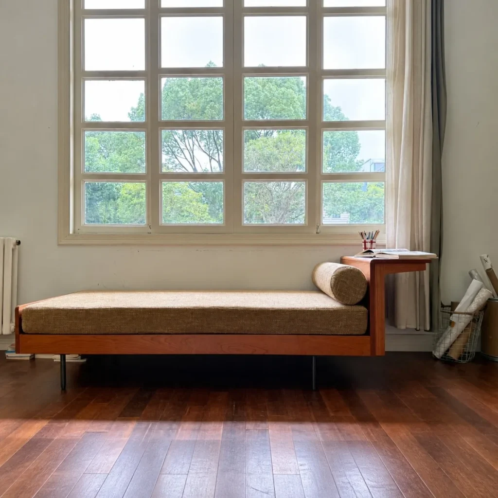 Dingding Daybed in Oatmeal Chenille on Walnut Frame — front view