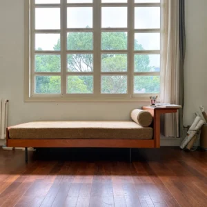 Dingding Daybed in Oatmeal Chenille on Walnut Frame — front view