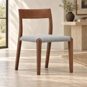 Walnut-Tone Dining Chair with Grey Upholstered Seat in walnut — in a room setting