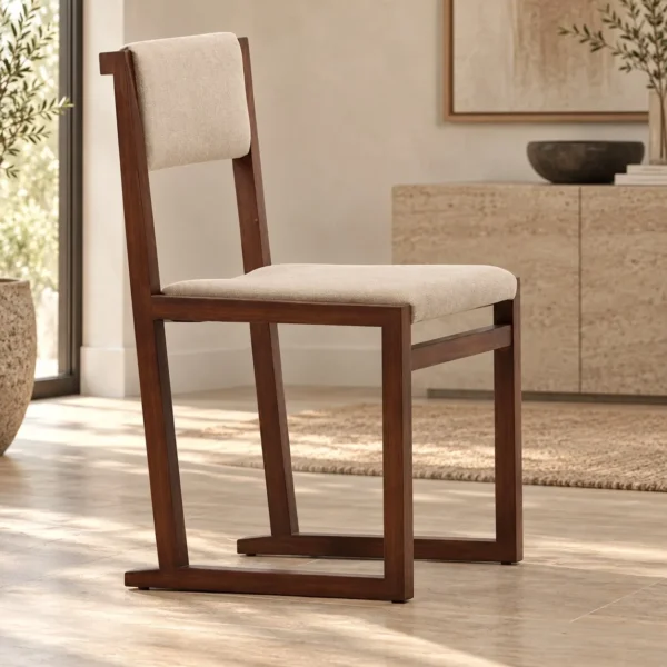 Walnut-Tone Sled-Base Dining Chair with Cream Seat in walnut — in a room setting