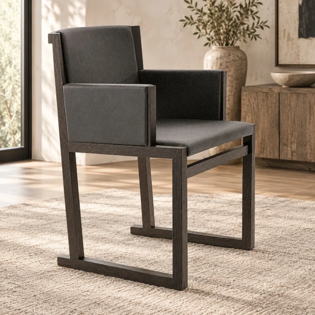 Charcoal Cube-Frame Dining Armchair in slate — front view