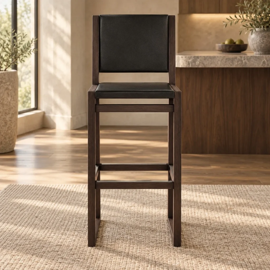 Black Leather High-Back Bar Stool on Dark Frame in black — front view