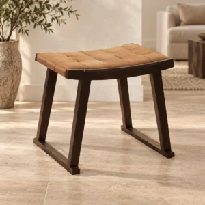 Woven Tan Leather Saddle Stool on Dark Wood Sled in clay — front view