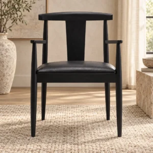 Black Wood Yoke-Back Dining Armchair with Leather Seat in black — front view