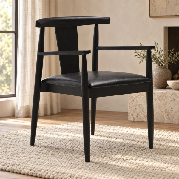 Black Wood Yoke-Back Dining Armchair with Leather Seat in black — in a room setting