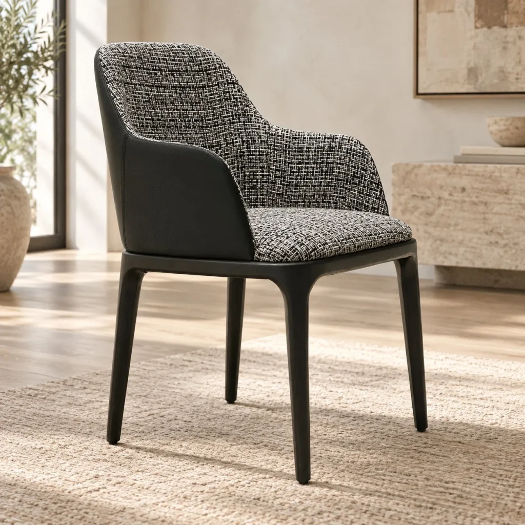 Two-Tone Tub Dining Chair in Tweed and Black Leather — front view
