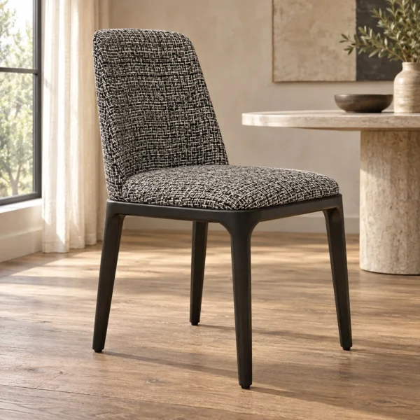 Tweed Shield-Back Dining Chair on Black Legs in black — in a room setting