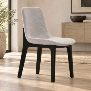 Light Grey Upholstered Dining Chair on Black Legs in slate — front view