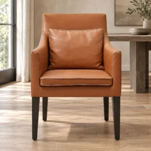 Caramel Leather Dining Armchair with Loose Cushions in clay — front view