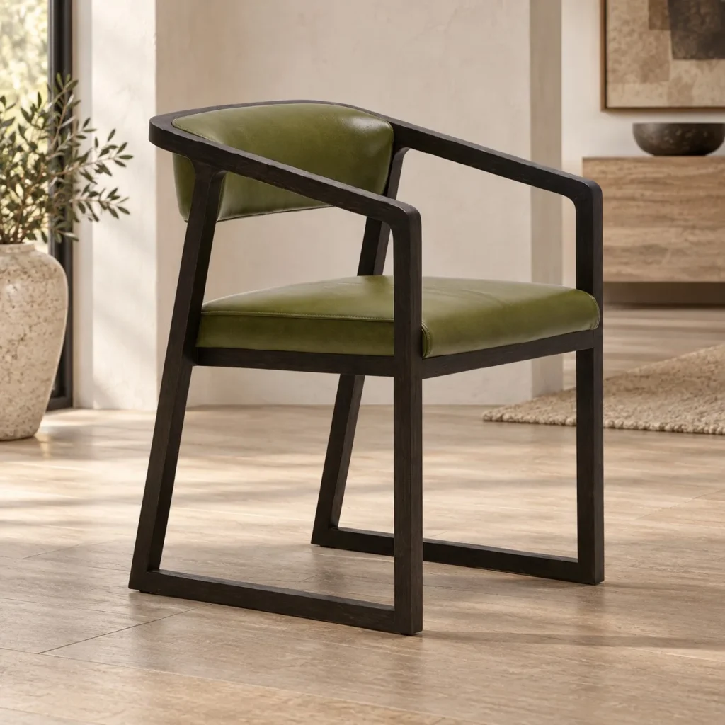 Black Sled-Frame Dining Armchair in Olive Leather — front view