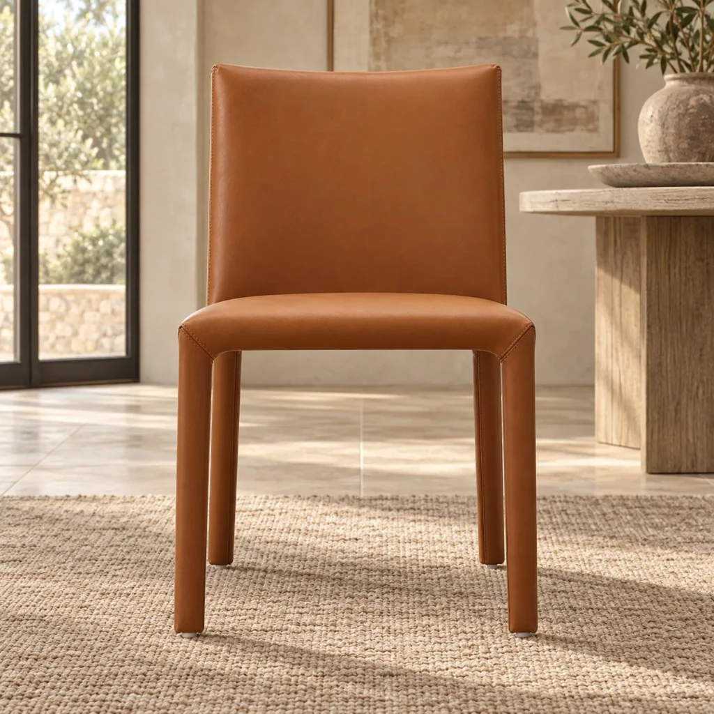Fully Wrapped Caramel Leather Dining Chair in clay — front view