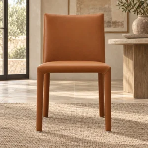 Fully Wrapped Caramel Leather Dining Chair in clay — front view