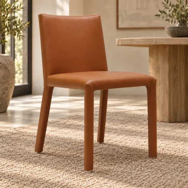 Fully Wrapped Caramel Leather Dining Chair in clay — in a room setting