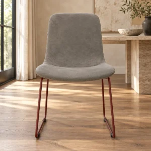Grey Suede Shell Dining Chair on Red Wire Base in slate — front view