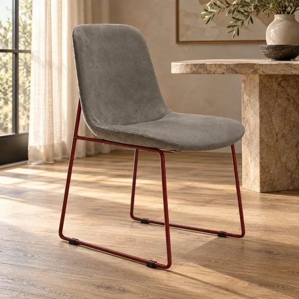 Grey Suede Shell Dining Chair on Red Wire Base in slate — in a room setting