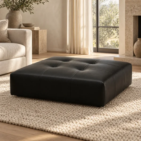 Large Square Tufted Black Leather Ottoman in black — in a room setting