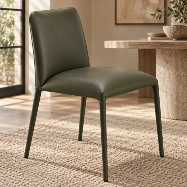 Olive Leather Tapered-Leg Dining Chair in olive — in a room setting