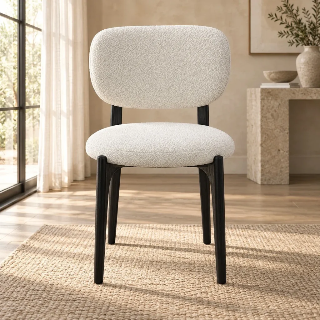 Bouclé Pillow-Back Dining Chair on Black Legs in oatmeal — front view