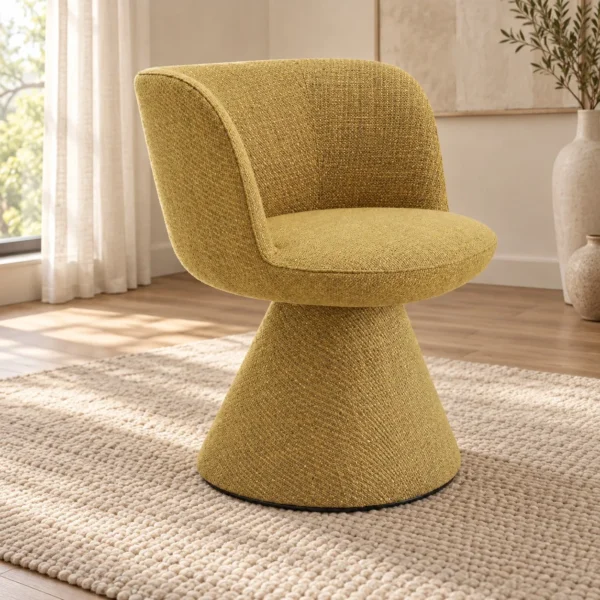 Mustard Bouclé Tub Chair on Cone Base in mustard — in a room setting