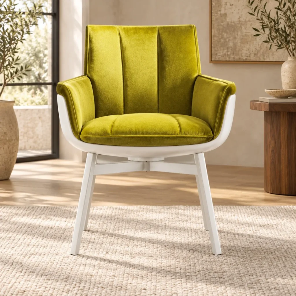Chartreuse Channel-Tufted Armchair on White Metal Base in olive — front view
